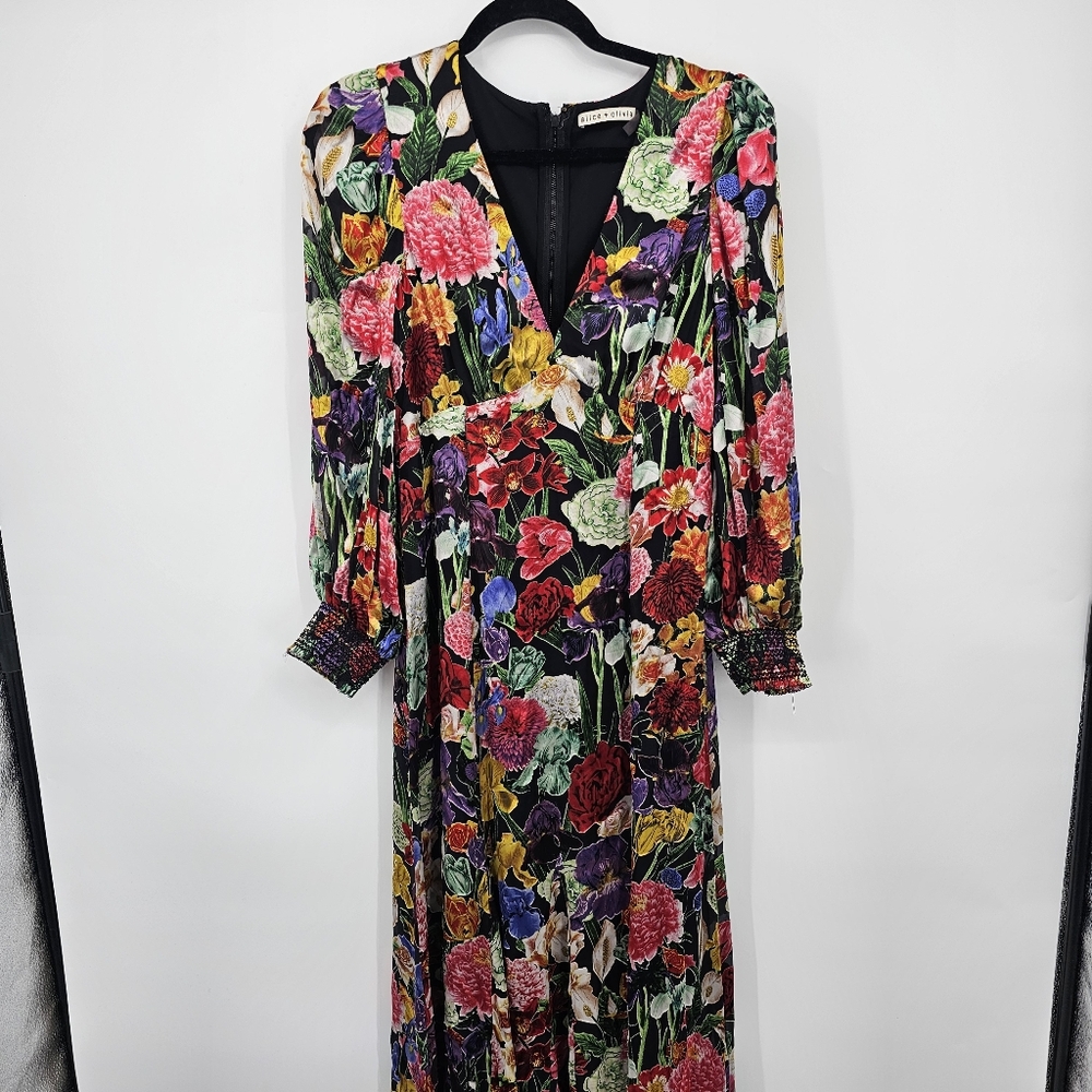 Alice + Olivia Floral Maxi Dress Size 8 | Silk Blend Plunge Gown Puff Sleeves - Picture 5 of 11